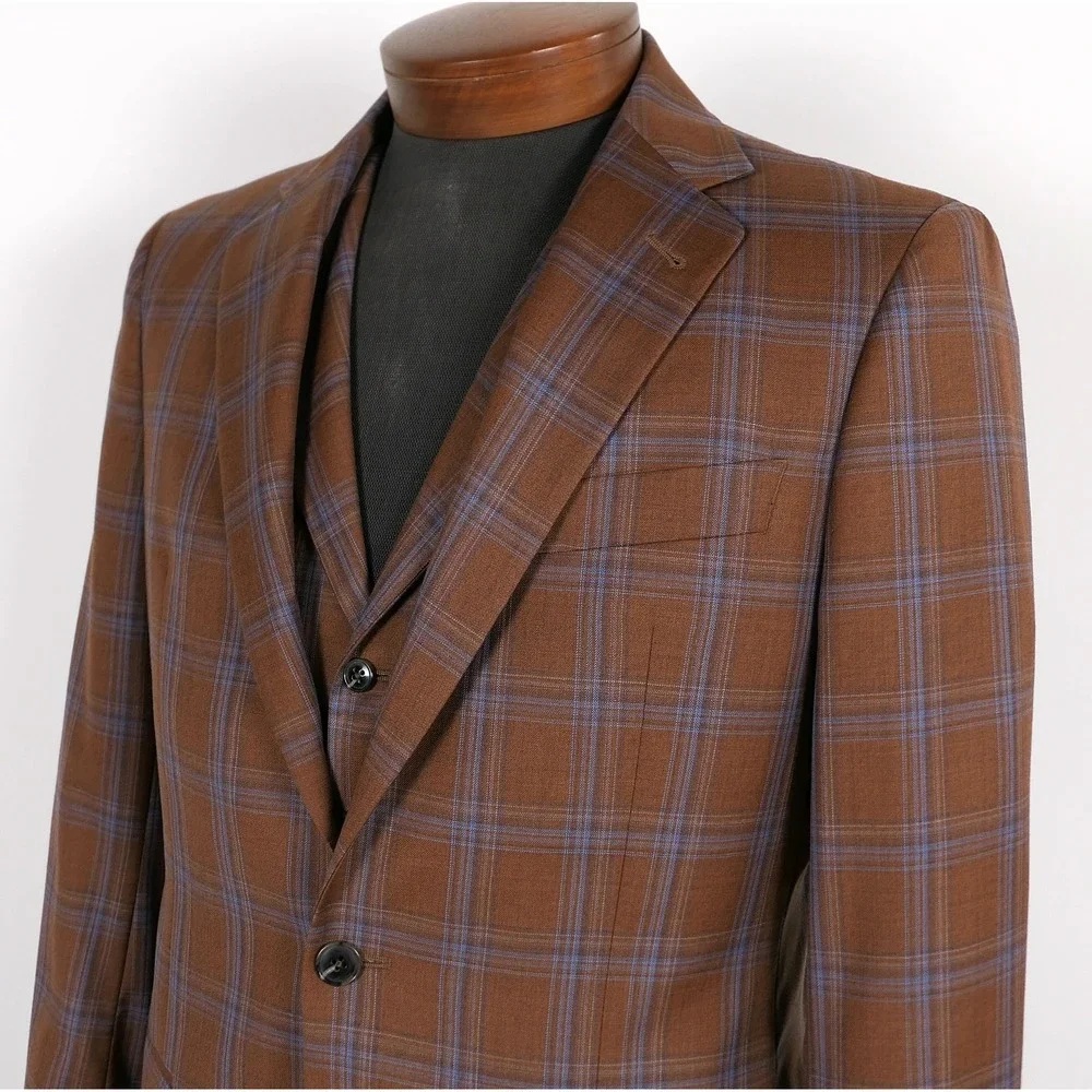 Joseph Abboud Mens 3 Piece Suit 38R Brown Blue Plaid Reda Super 130s Wool USA